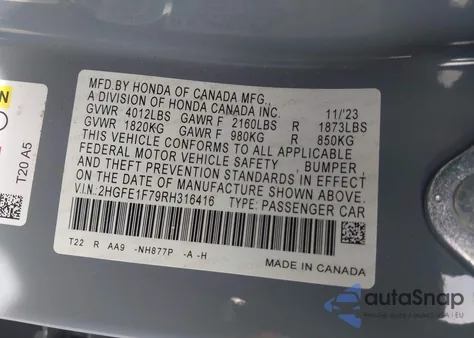 2024 Honda Civic Ex z USA, uszkodzony, nr VIN 2HGFE1F79RH316416